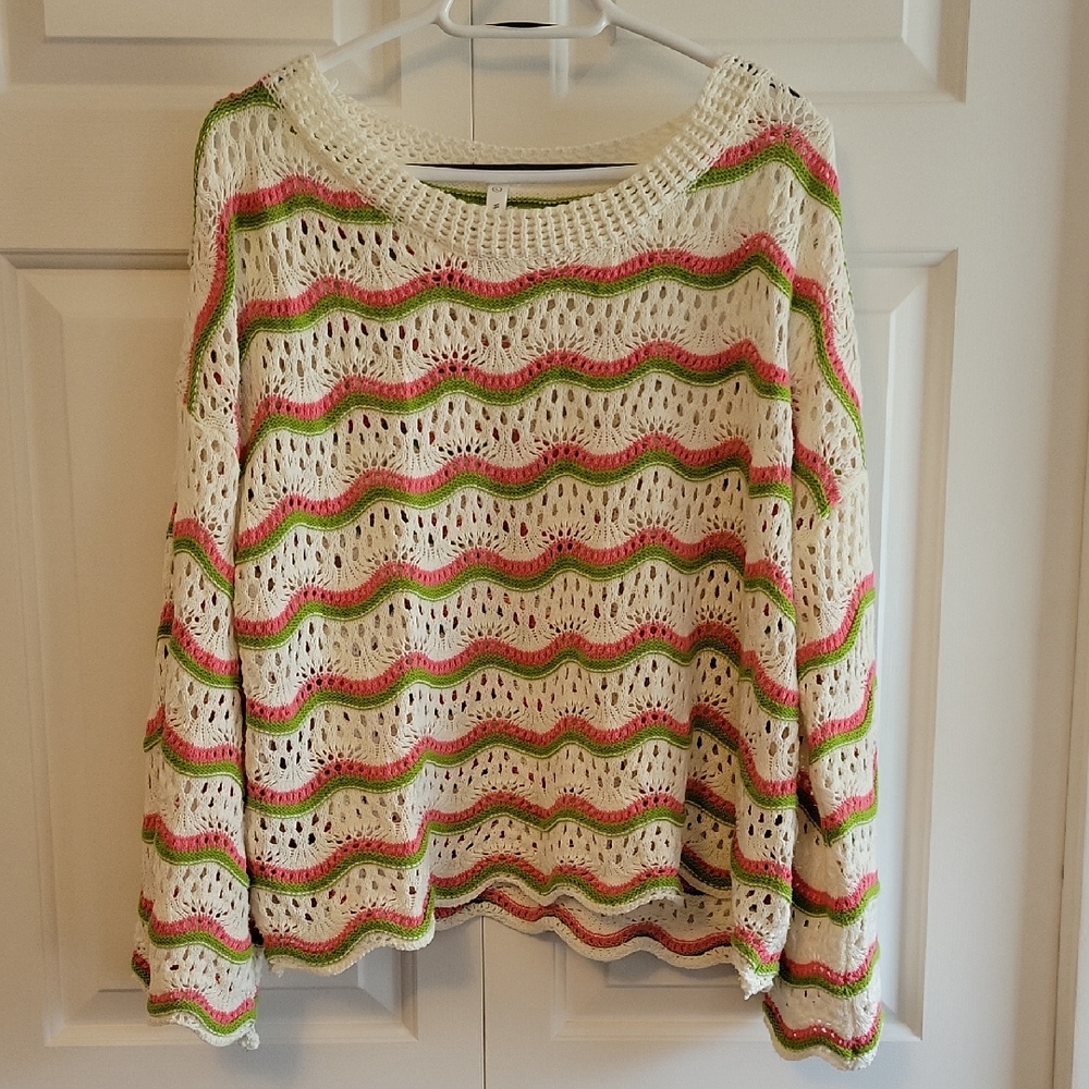 Wishlist White Pink and Green Crochet Sweater with Bell Sleeves